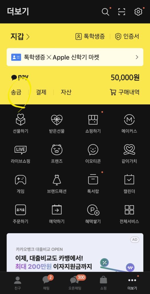 여기서 "송금"을 눌러 줍니다.