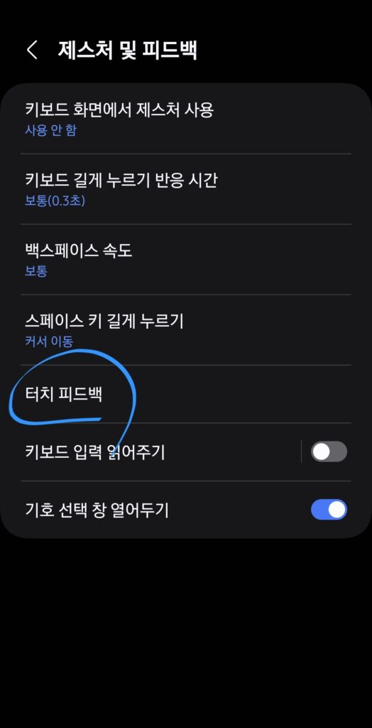"터치 피드백"을 선택