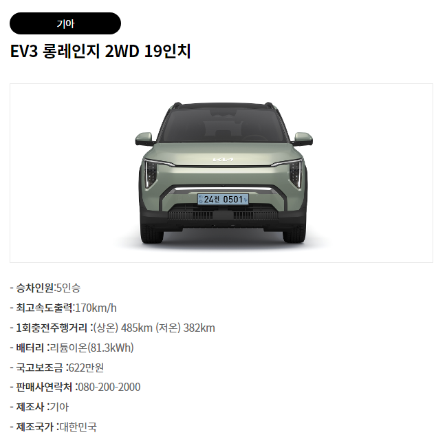 EV3 롱레인지 2WD 19인치 휠 보조금