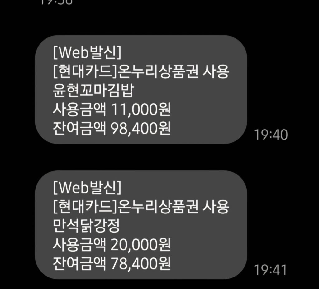 속초시장 꼬마김밥과 외계인땅콩과자 결제금액