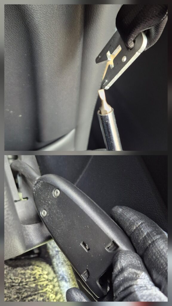 시트 벨트 가운데 - 모양에 -자 드라이버를 꼽으면 벨트 클립이 제거 됩니다.