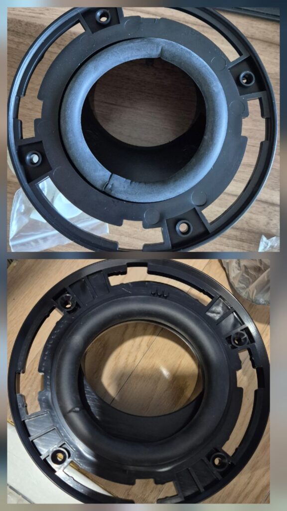 위 철물점구매한 편심 3전 사이즈, 아래 인터넷 구매 대림바스 편심 1전사이즈 두개의 고무패킹 두께가 대림바스 것이 더 두툼하게 만들어짐