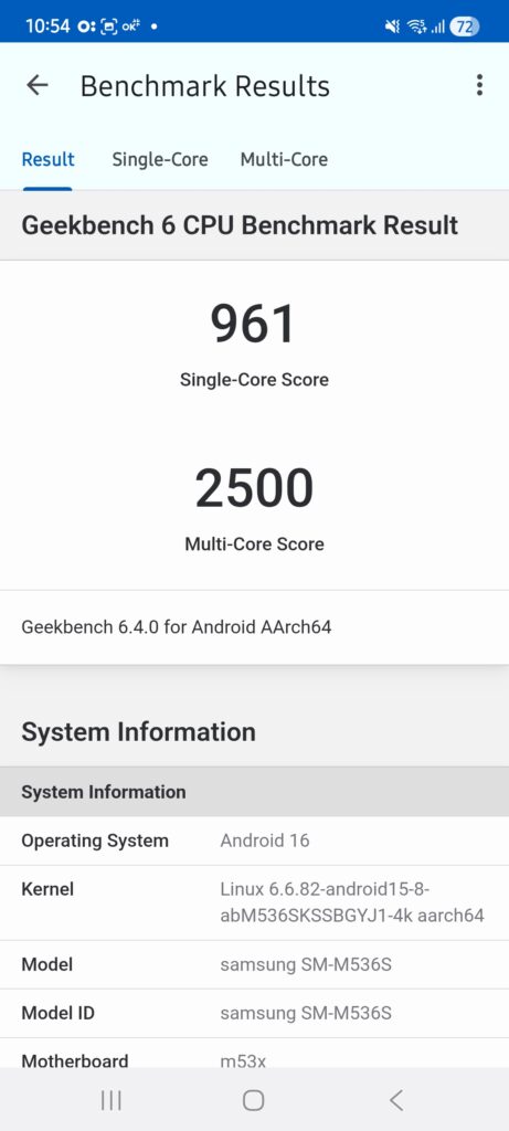 갤럭시m53 퀀텀3 일반모드 긱벤치6 결과