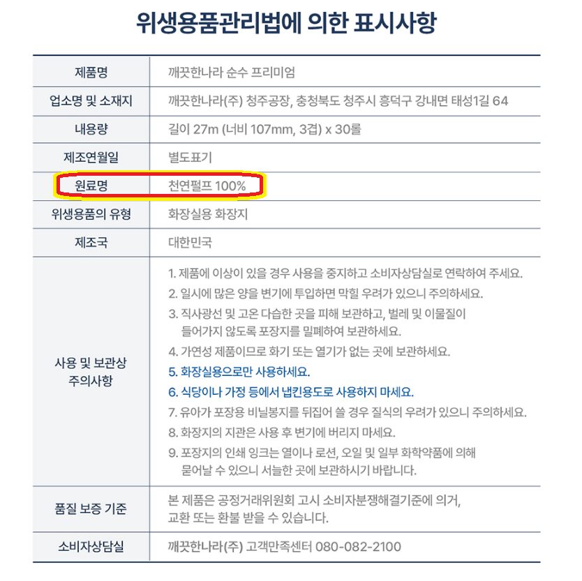 천연펄프를 사용한 깨끗한나라 순수 프리미엄 원료명